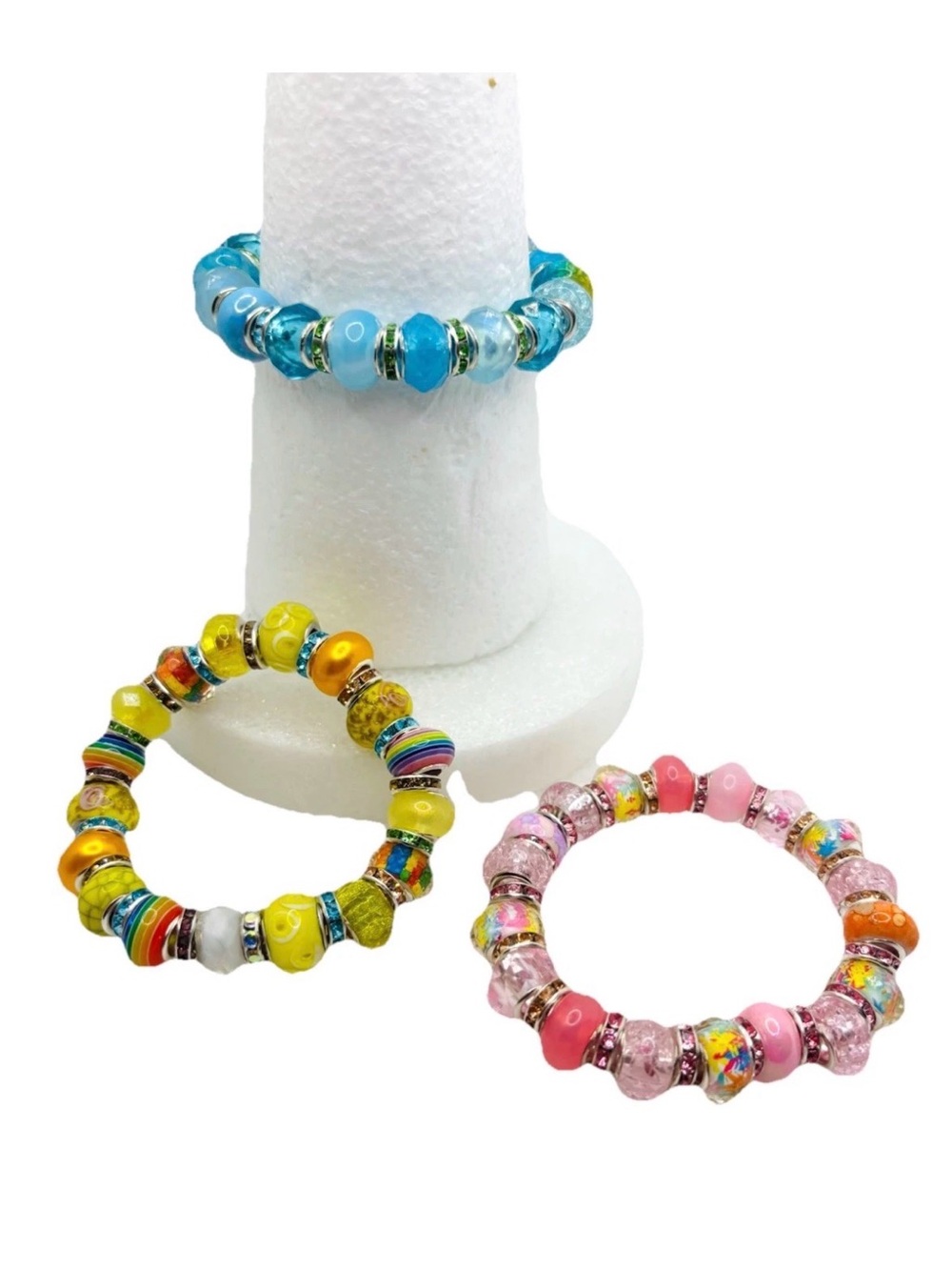 Set Of 3 Ladies LampWork Glass Beaded Stretch Handmade Bracelet Fits 7"-8.5"